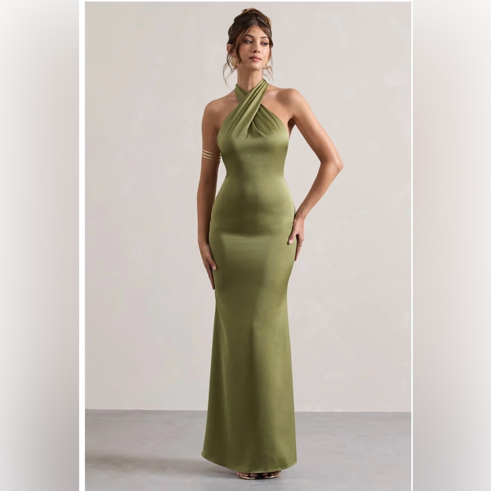 Unbeatable Olive Satin Cross Over Halter-Neck Maxi Dress Club L London